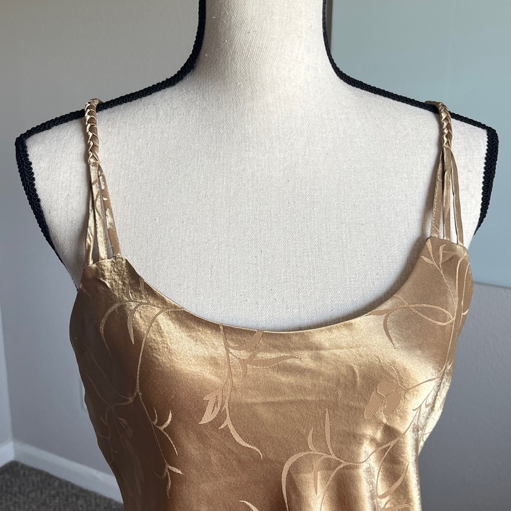 Inner Most Gold Satin Floral Jacquard Slip Dress Braided Strappy Cross Back M - Picture 2 of 8